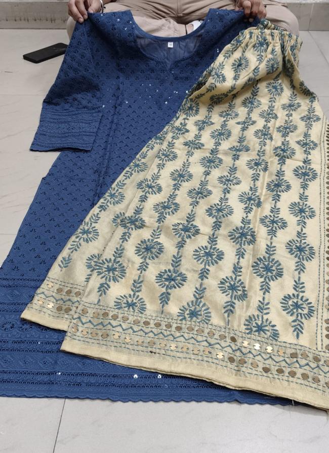 Pure Camric Cotton Blue Casual Wear Chikankari Work Readymade Kurti With Plazzo